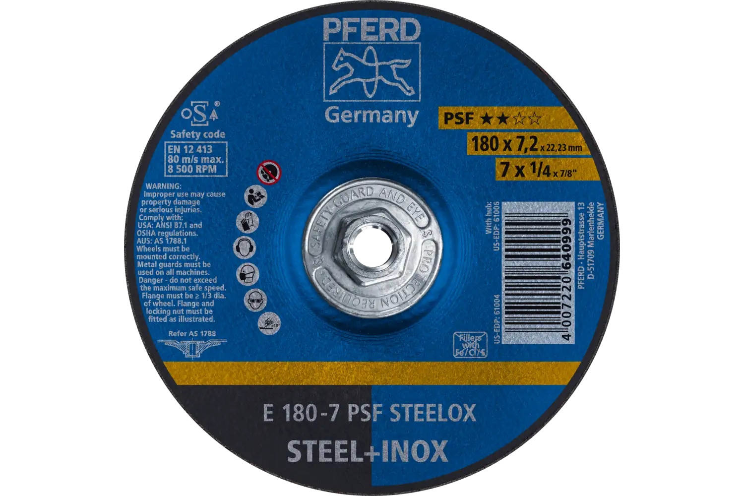 Picture of Pferd Grinding Wheel, 7" X 1/4 X 5/8-11, Psf Steelox, T27, Aluminum Oxide